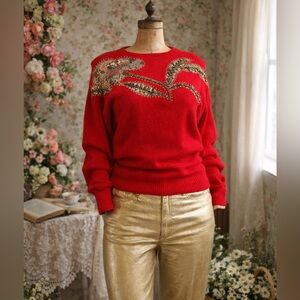 Vintage 1980s Alberto Red Floral Sequin Pullover Lambswool & Angora Sweater